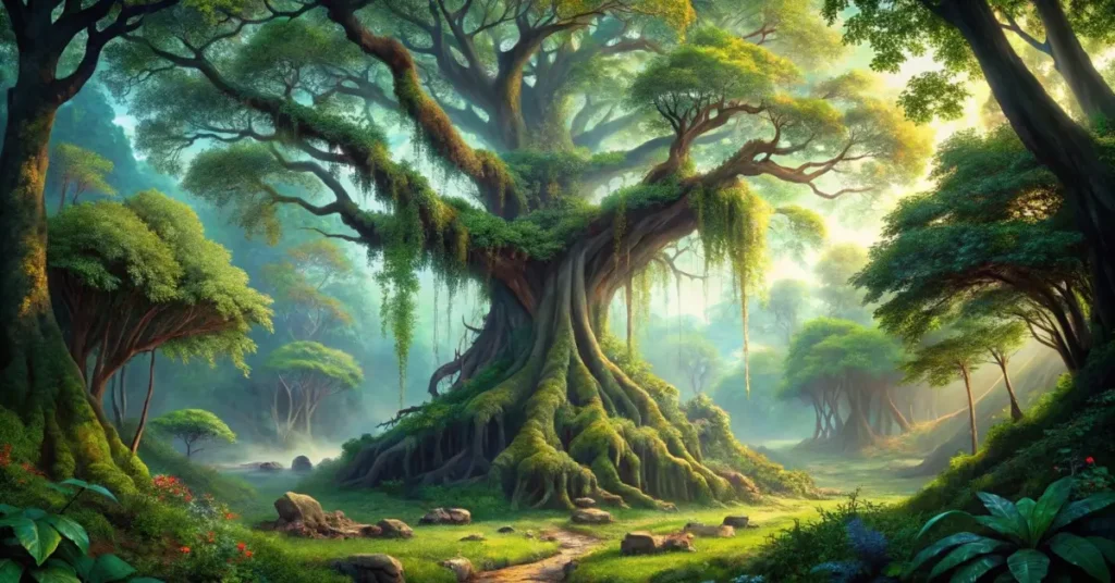 A big tree in a fantasy jungle in a fantasy world.